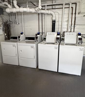 A row of white industrial machines are lined up in a room with white walls and pipes.